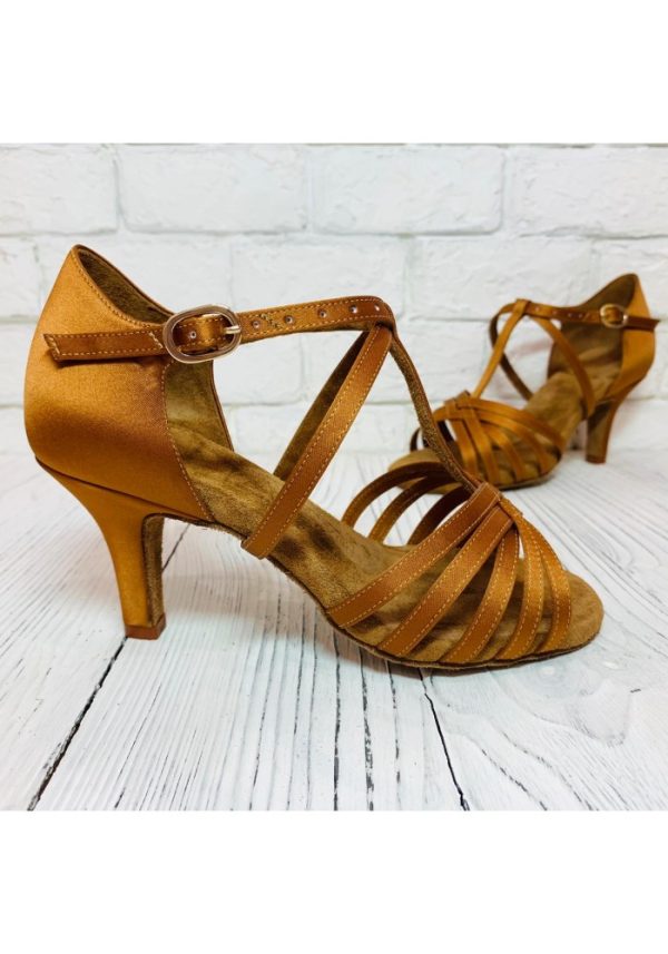 Galex - Emma-T-Bar - Tan-Satin - Heel - Flare 5cm